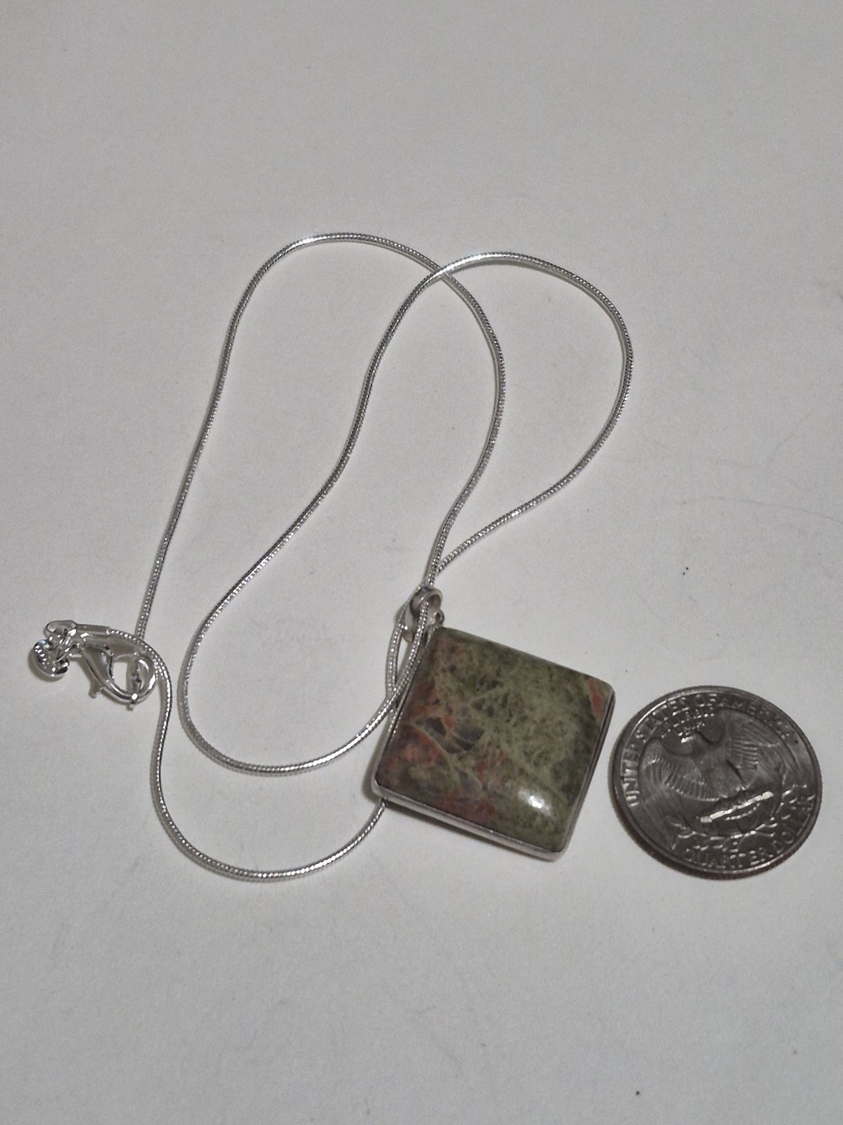 925 Sterling Silver Unakite Jasper Square Pendant Necklace 13.7g