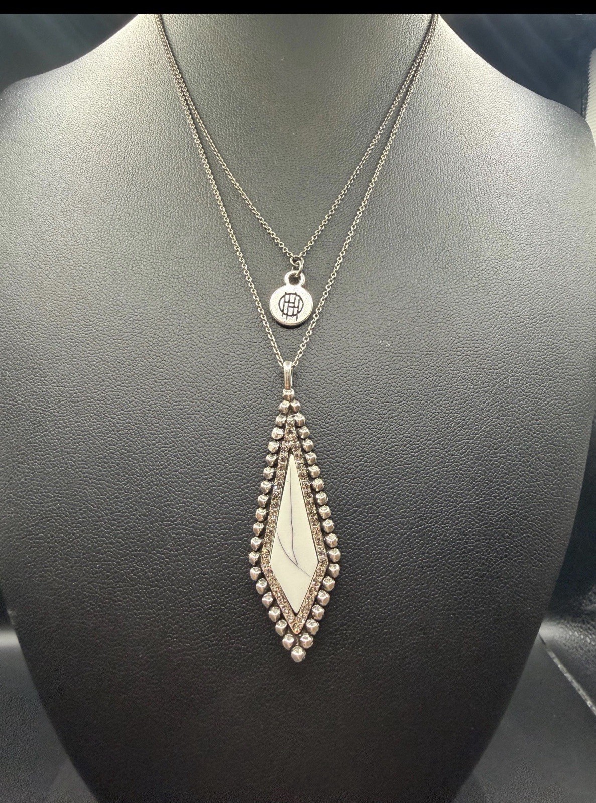 House of Harlow 1960 Geometric Pendant Necklace | White Inlay, Crystal Accents