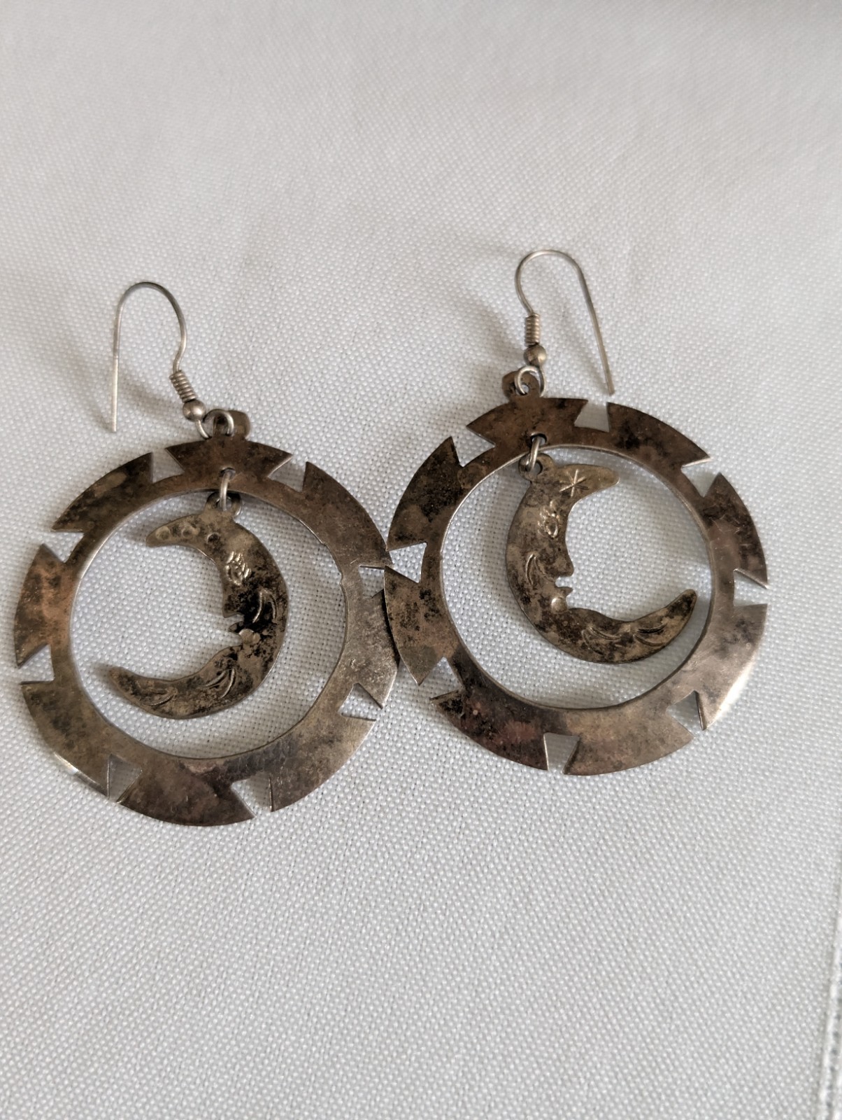 Sterling Silver Mexico Crescent Moon Dangle/Drop Earrings Metal French Wire Hook