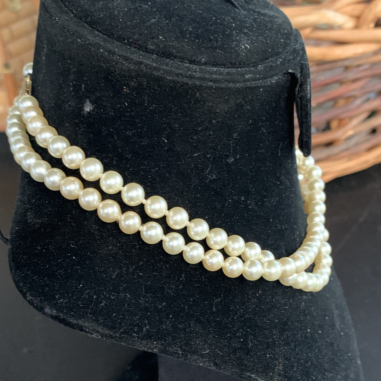 Double Strand Cream Faux Pearl Beaded Strand Necklace Gold Tone Clasp