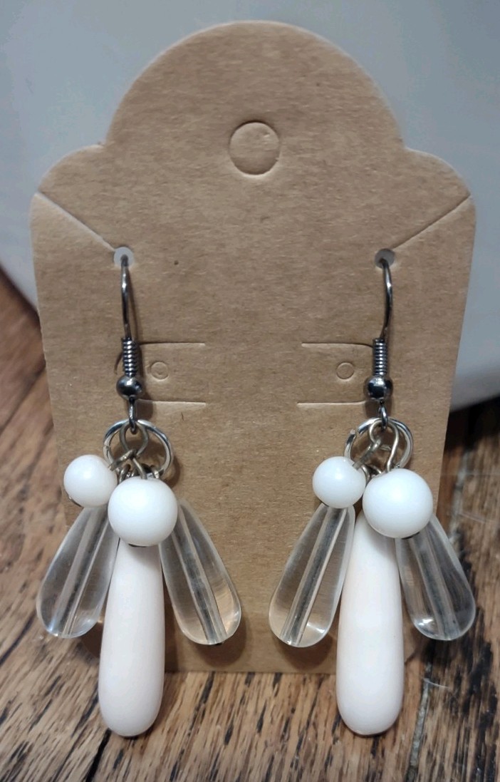 Handmade White and Clear Acrylic Bead Drop Earrings Silver Tone Fishhooks
