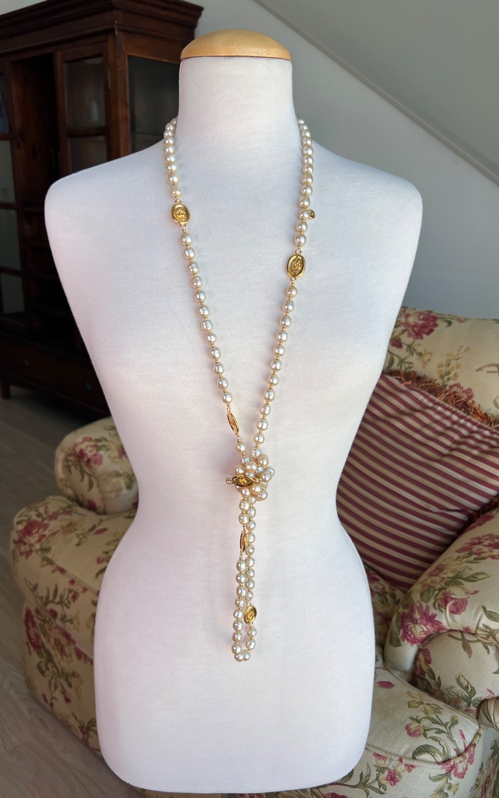 MINT Vintage CHANEL 1981 24K CC Station Faux Pearl Sautoir Necklace Goossens 62″