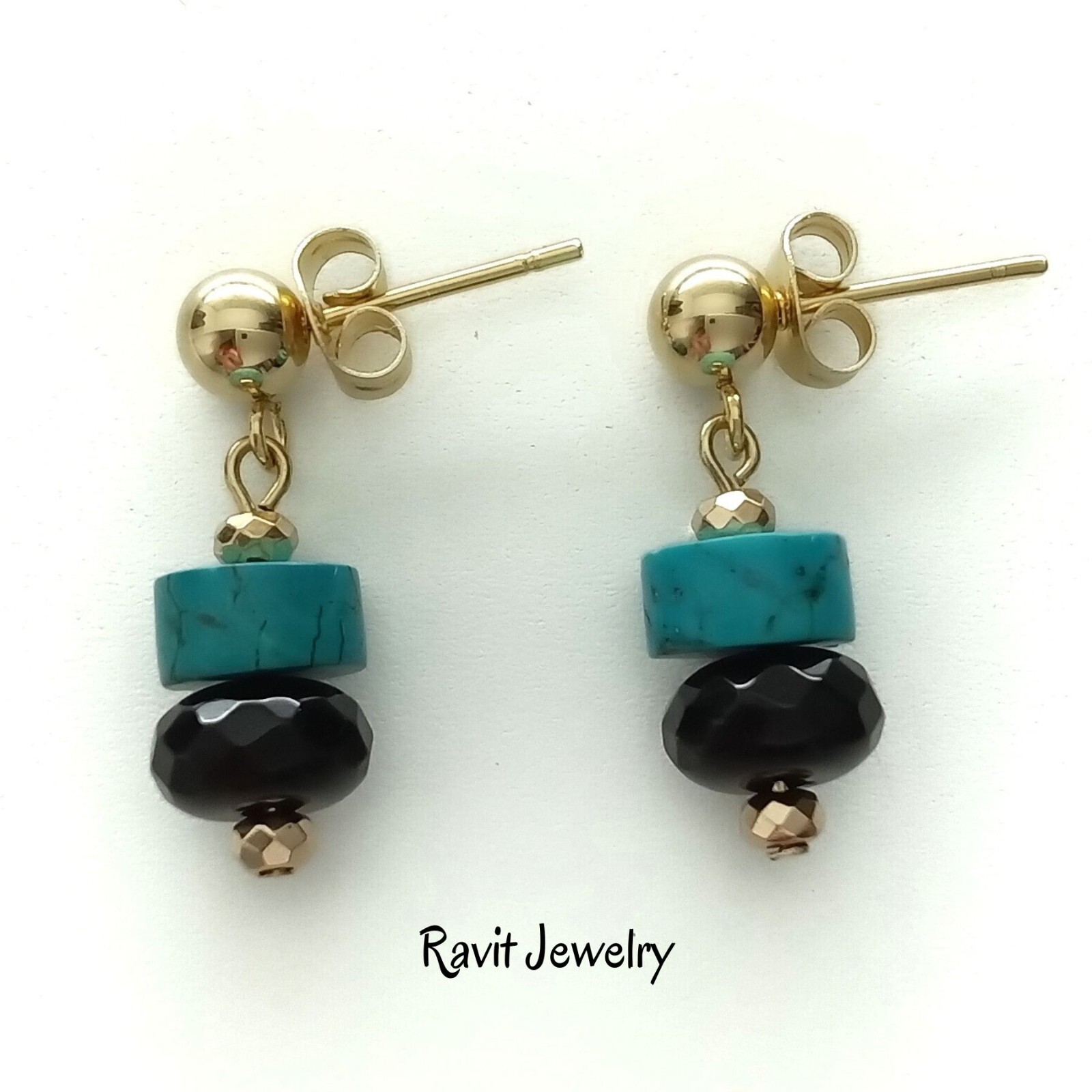 Turquoise And Black Agate Stone Gold Plated Stud Dangle Earrings Stainless Steel