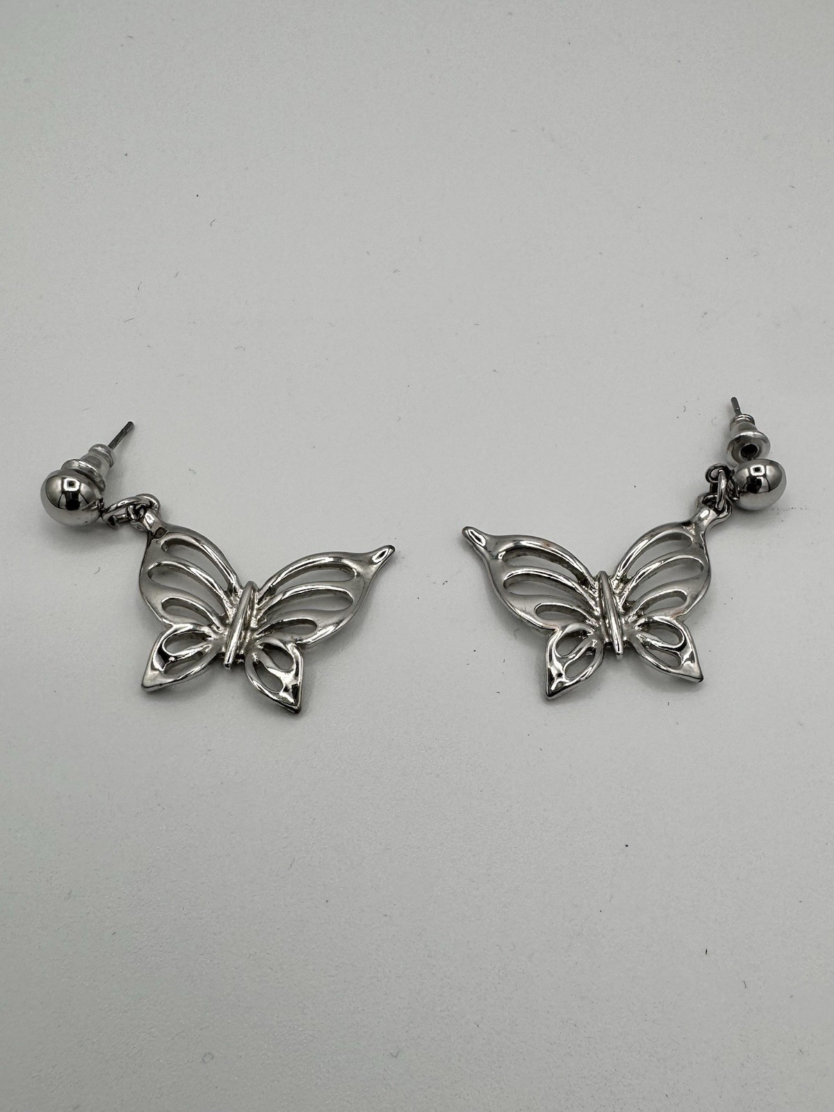 Silver Tone Butterfly Dangle Earrings – Pierced Post with Friction Back