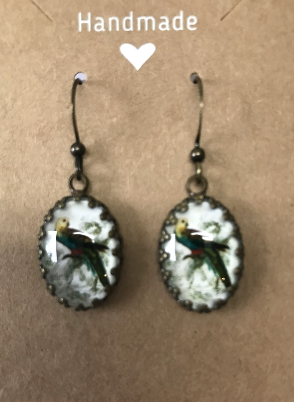 Vintage Style Parrot Bird Image Glass Cabochon Bronze Dangle Hook Earrings