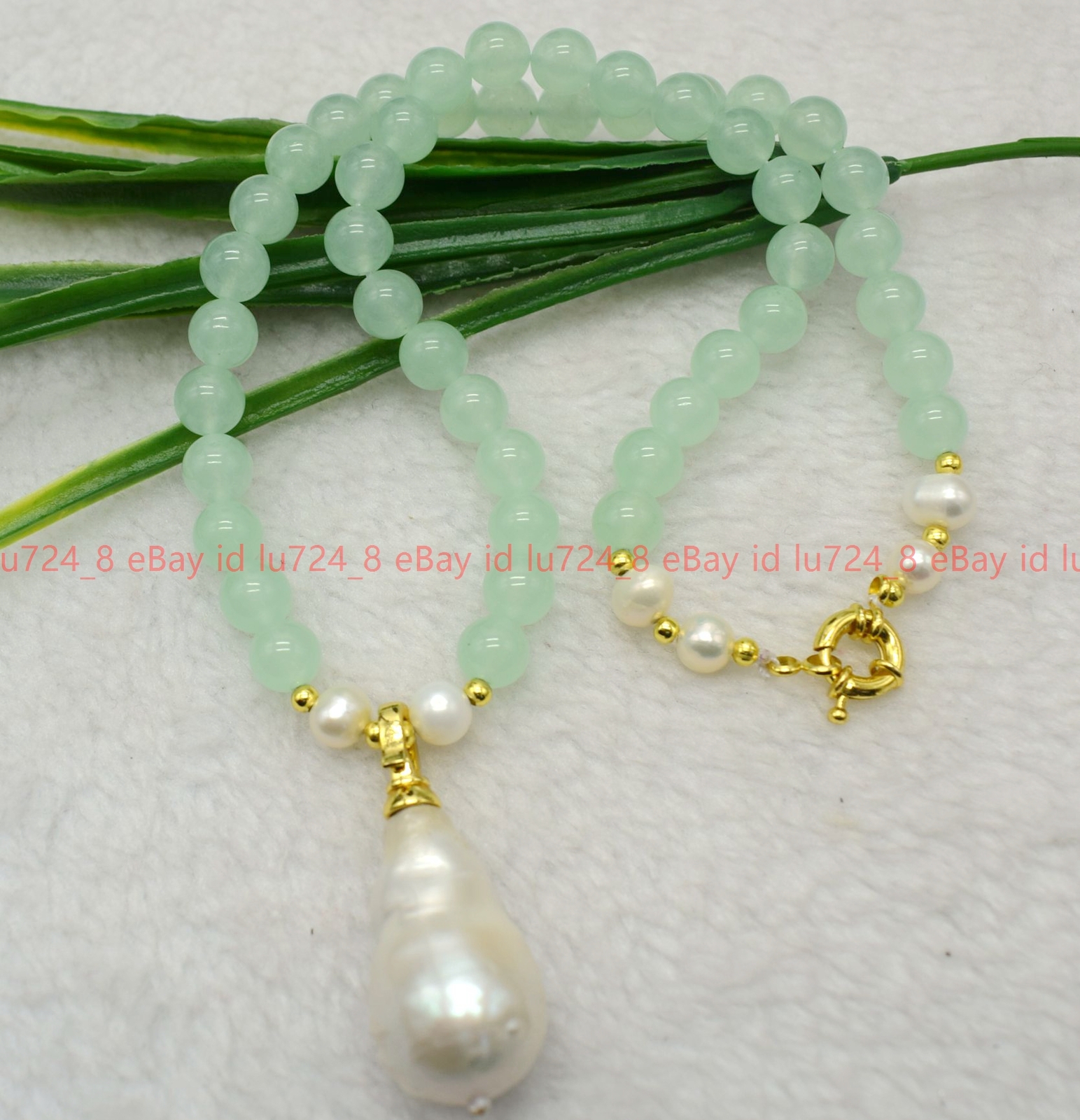 Natural 6-12mm Light Green Jade &White Keshi Baroque Pearl Pendant Necklace 18″