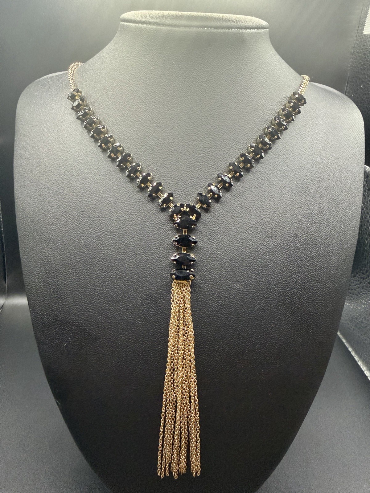 BANANA REPUBLIC Gold Tone & Black Prong Set Marquise Rhinestone 30” Y Necklace