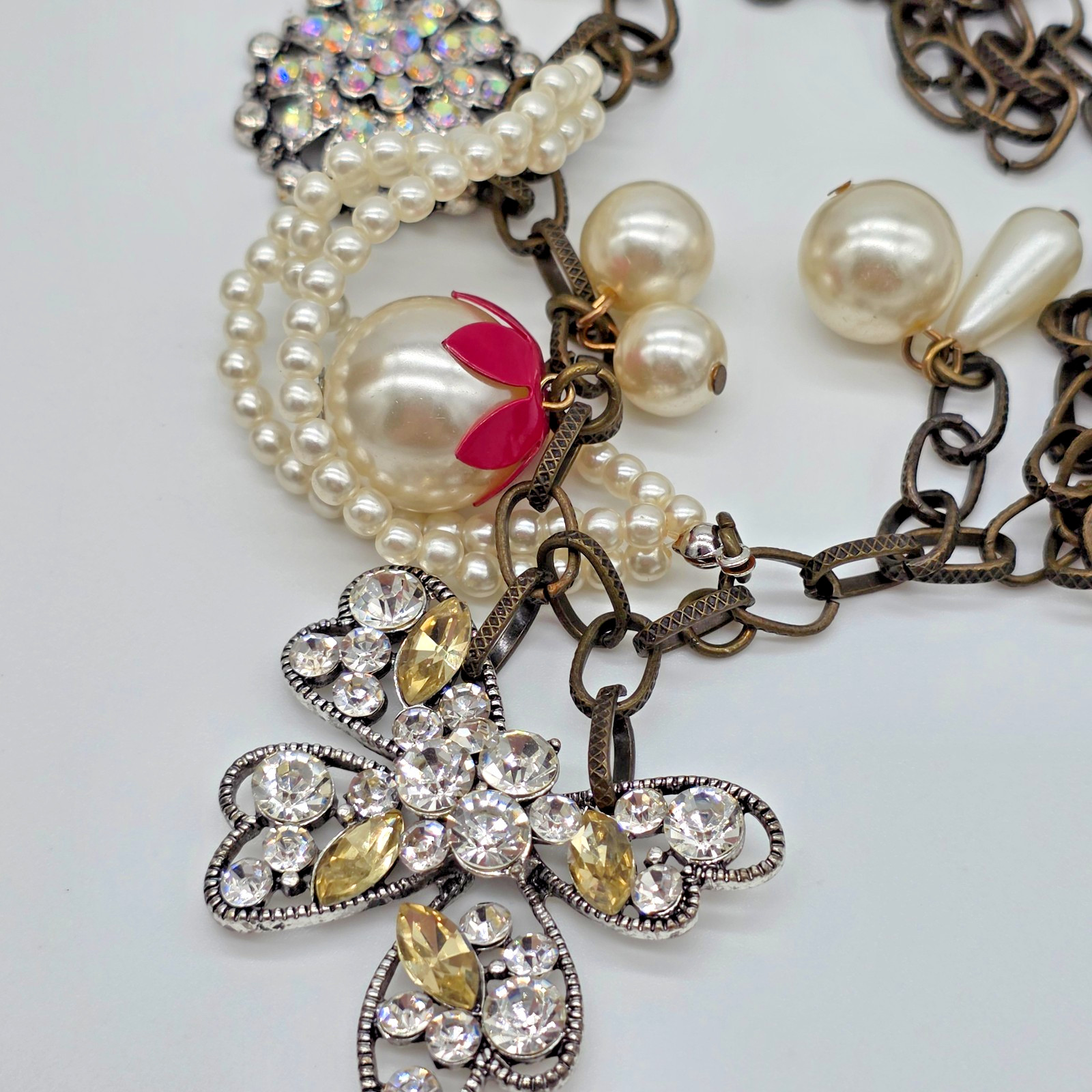 Plunder Antique Bronze Necklace Pearl Wrap & Crystal Butterfly Charms 20”