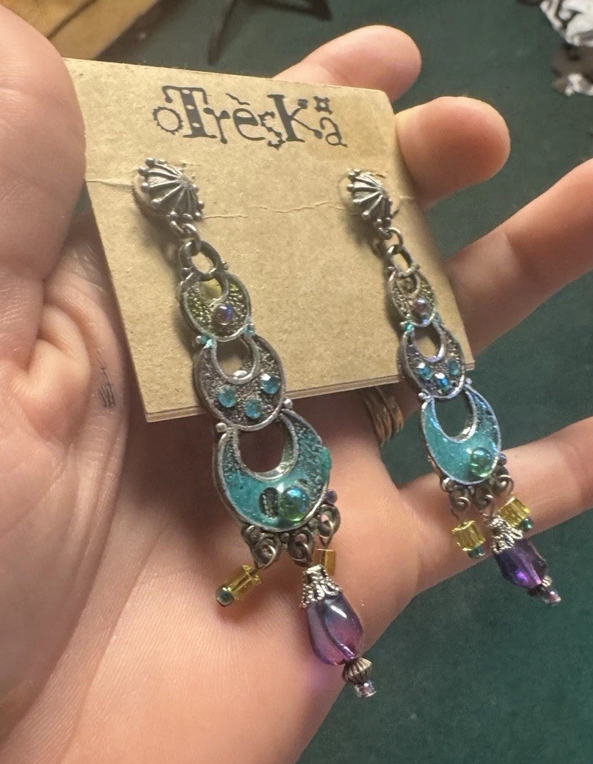 Y2K Treska Dangle Moon beaded Fairy Whimsical Blue Real Purple Boho earrings Set