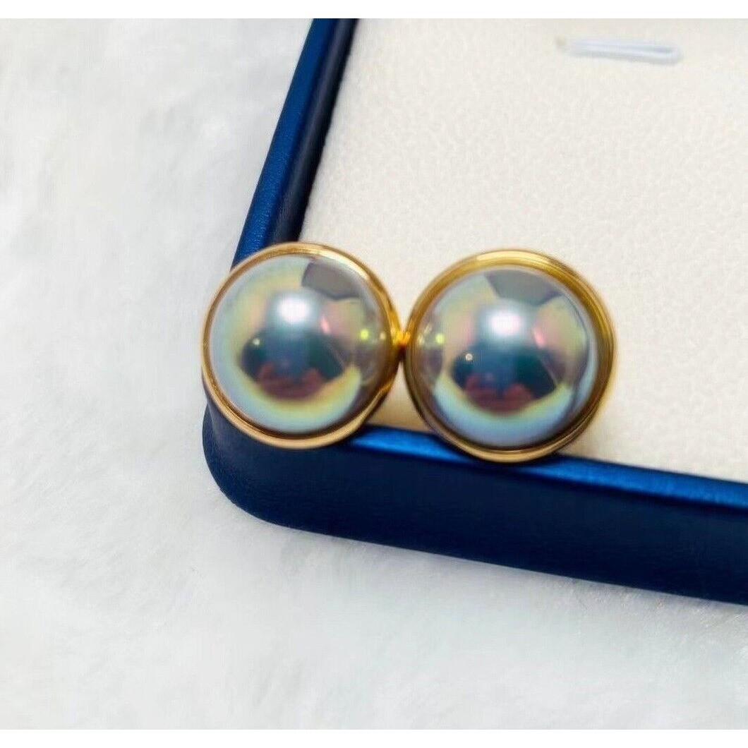 MABE SeaShell Pearl Gray Blue Color 16mm Clip On Earrings 14K Gold Plated