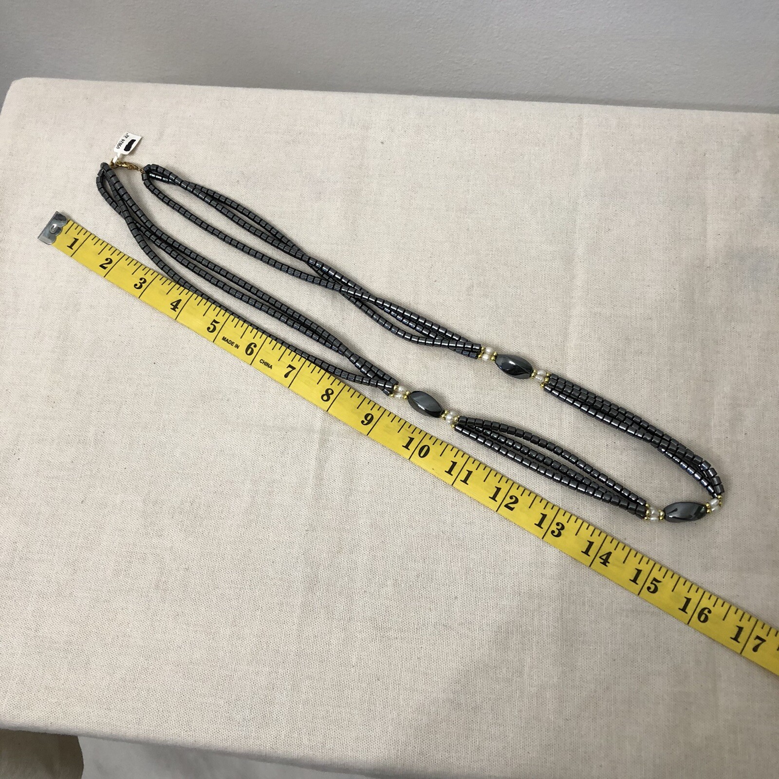 Triple Strand Hematite Stone Necklace Faux Pearls & Goldtone Spacers Length 32”