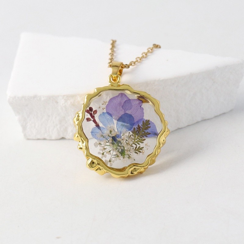 Handmade Pressed Real Dried Flower Resin Pendant Necklace Chain Neckla Jewelry