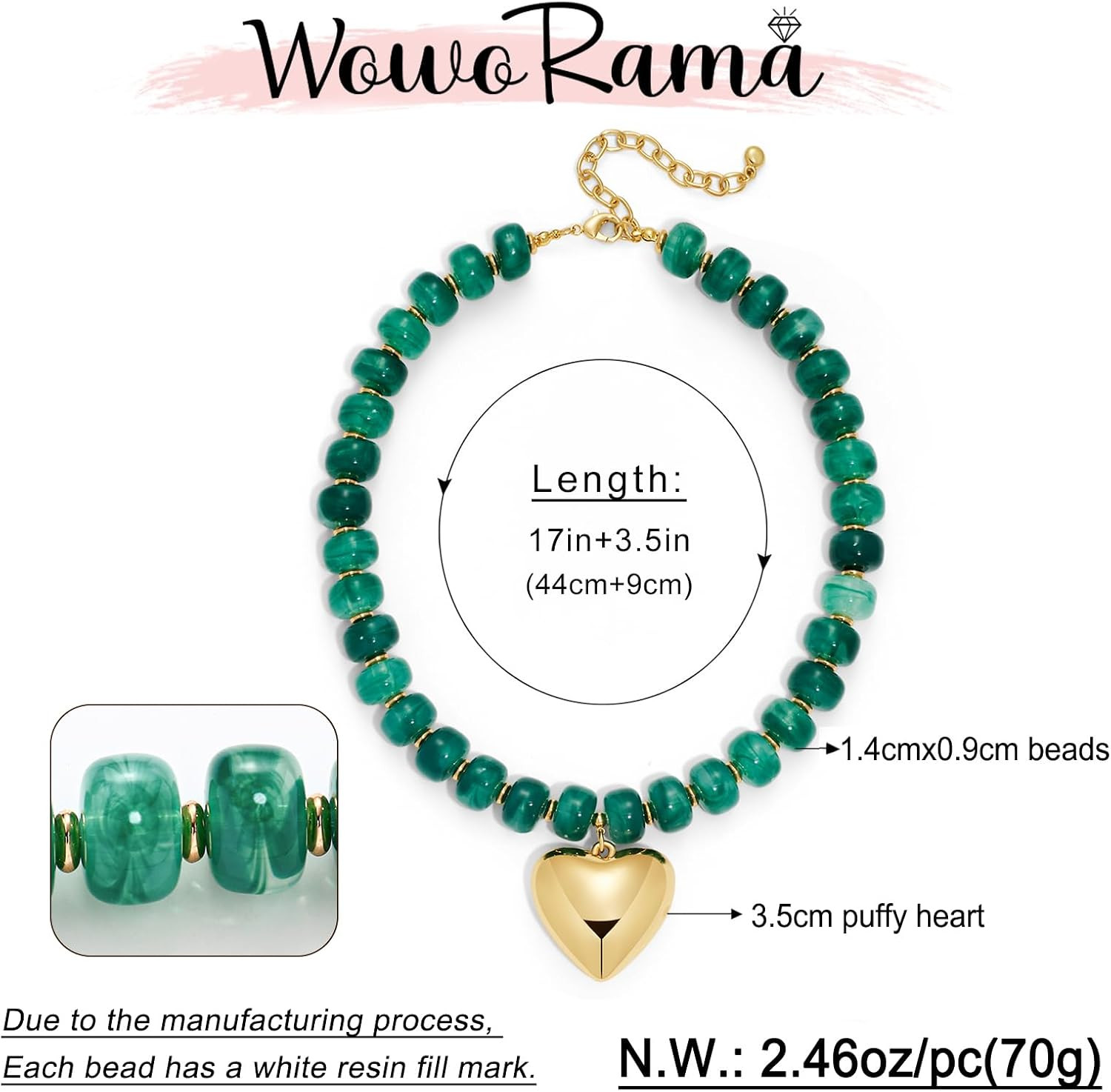 Chunky Heart Necklaces for Women Colorful Resin Beaded Choker Necklace Gold Puff