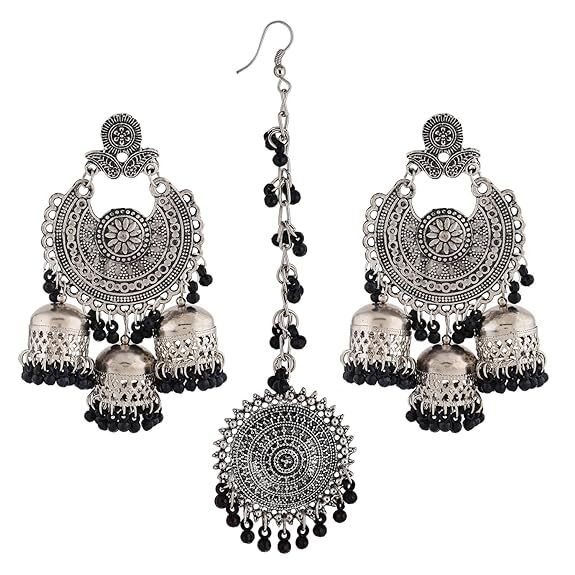 Latest Oxidised Silver Stylish Traditional Maang Tikka Jhumka Earrings Set