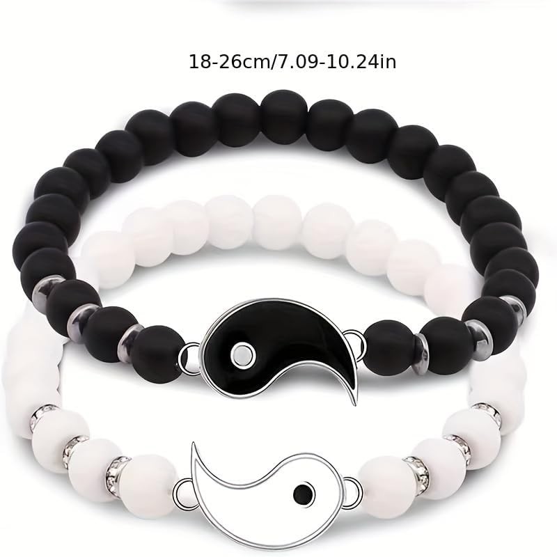 2 Pcs Yin Yang Tai Chi Bracelets, Elegant Vintage Style Beaded Bracelets
