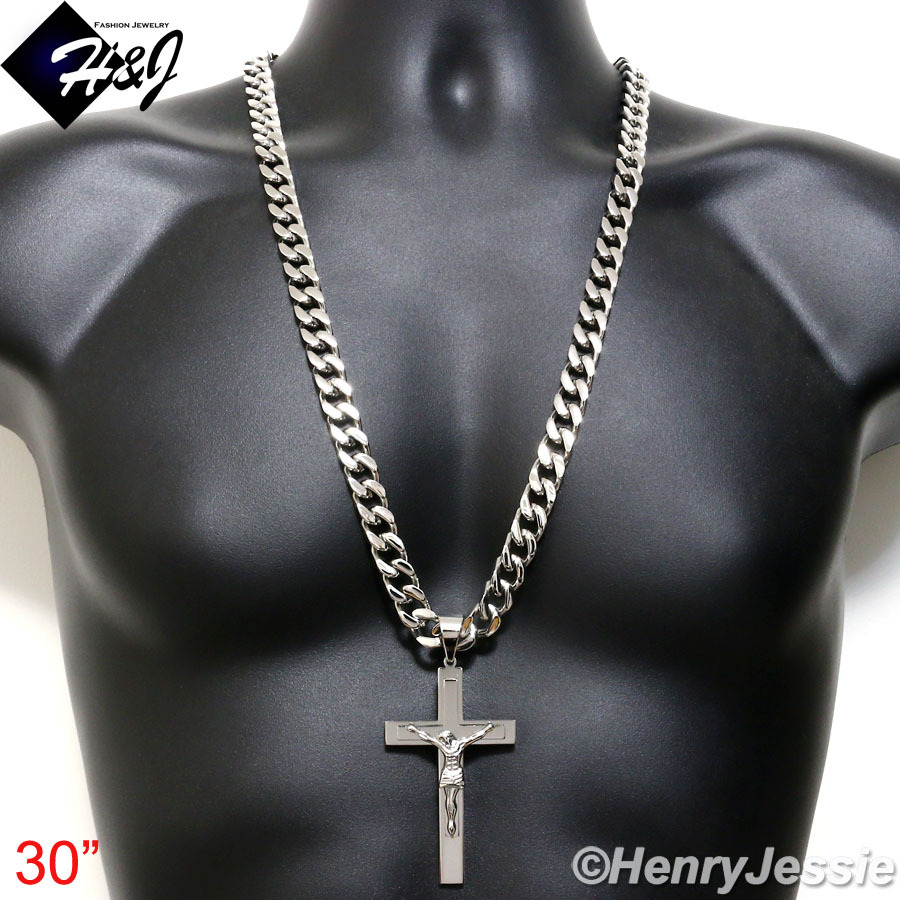18-40″MEN Stainless Steel WIDE 11mm Silver Cuban Curb Necklace Cross Pendant*J1