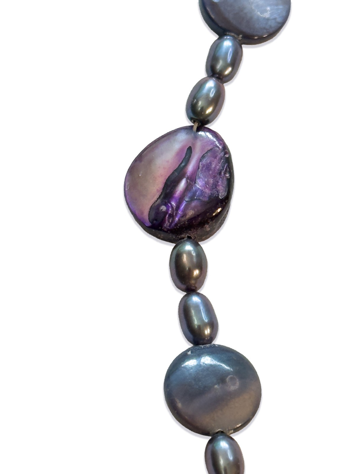 Pearl and Shell Beaded Blue and Purple Iridescent Necklace 24.25”