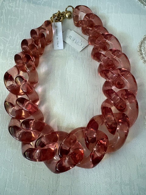 J.Crew Chunky Pink Acrylic Chain Link Necklace Italy Made Gold Tone