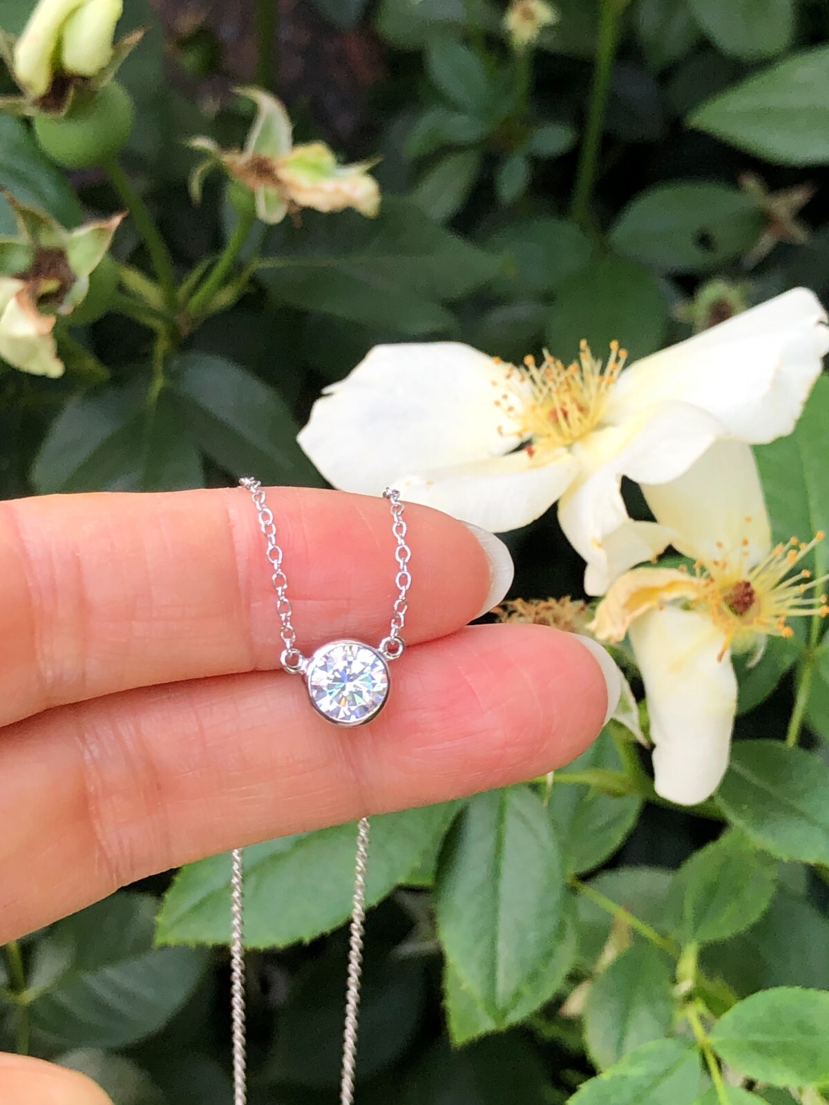 Tiny Bezel Cz Solitaire Necklace 925 Sterling Silver Pendant Round 6.8mm 17.25″