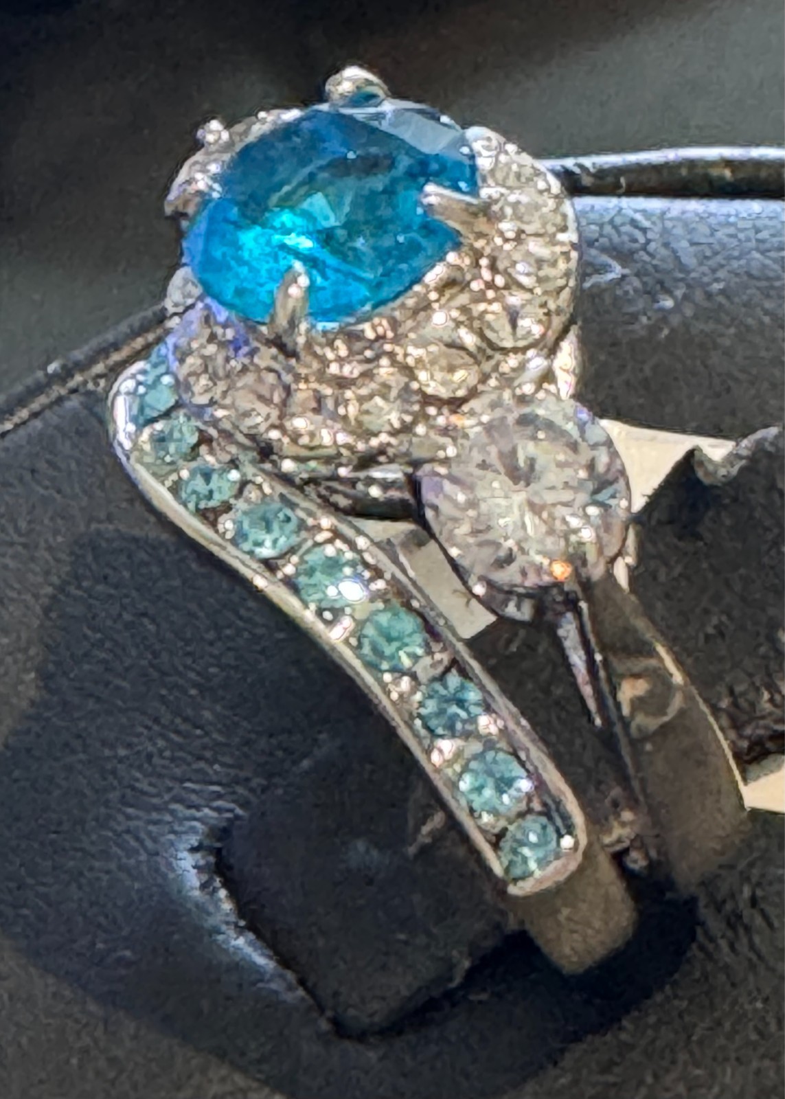 2 Pc Stunning Aquamarine Halo Cocktail Ring and Band with CZ Accents Size 9