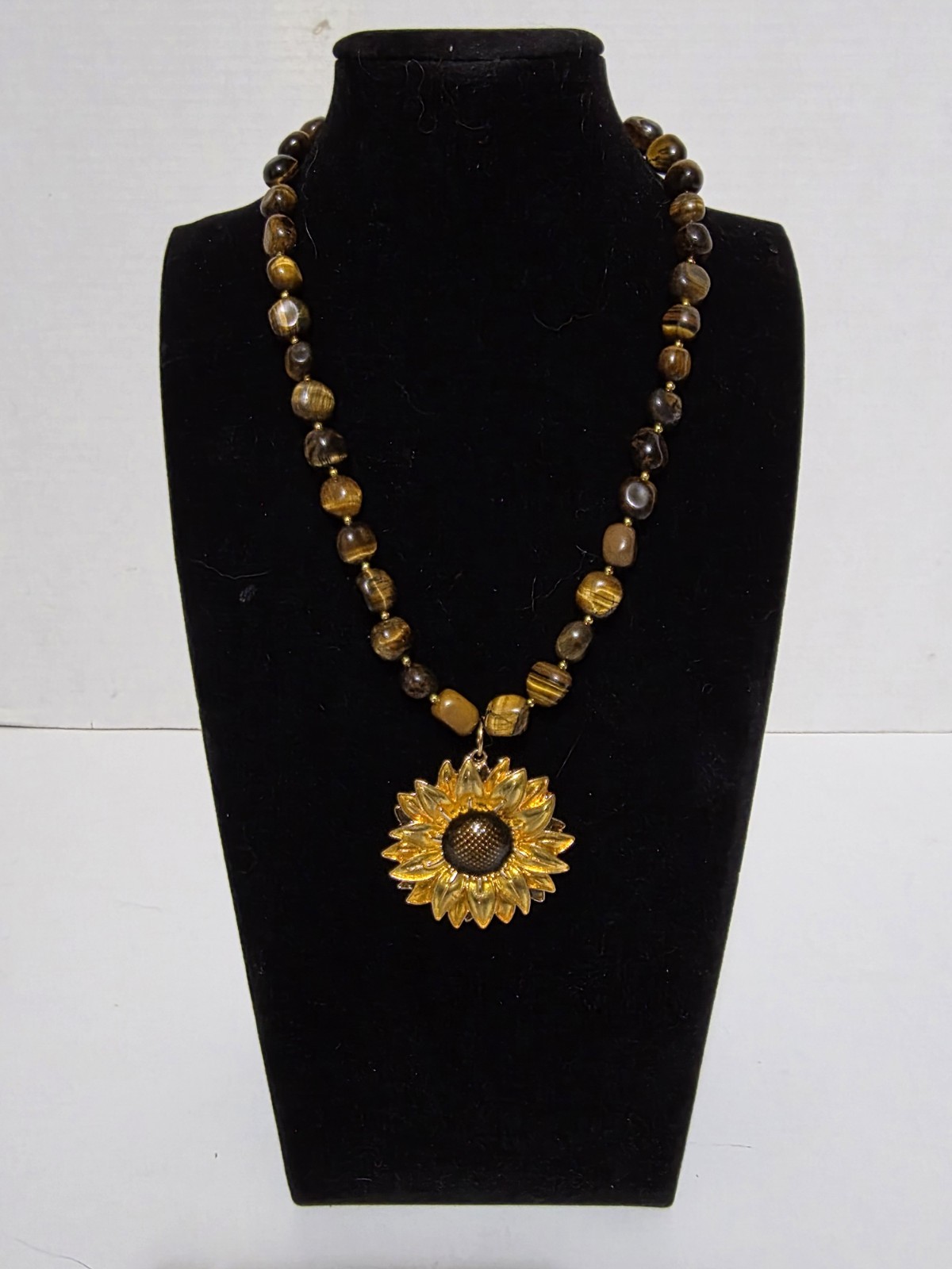 18.5in Earthy Banded Stone Necklace with Golden Sunflower Pendant