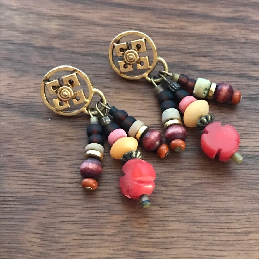 Semiprecious accent pink red brown gold tone dangle earrings, post backs