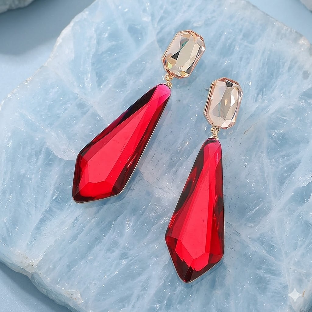 Faceted Long Fuchsia Teardrop Statement Earrings Crystal Drop Elongated