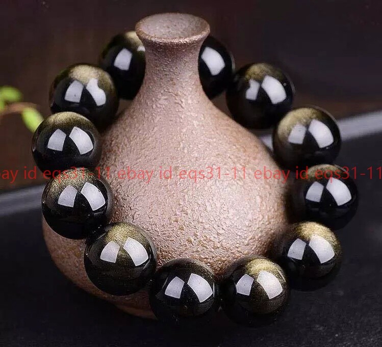 Natural 12mm/14mm/16mm/18mm/20mm Gold Obsidian Round Beads Bracelet 7.5”