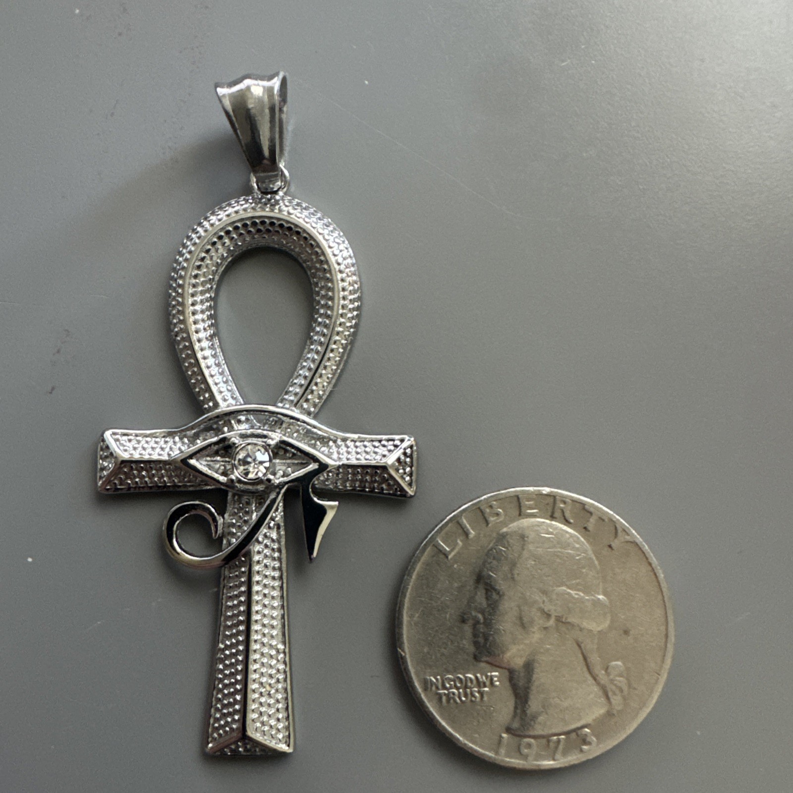 Silver Plated Stainless Steel Egyptian Ankh Cross Pendant 24” Cubic Zirconia