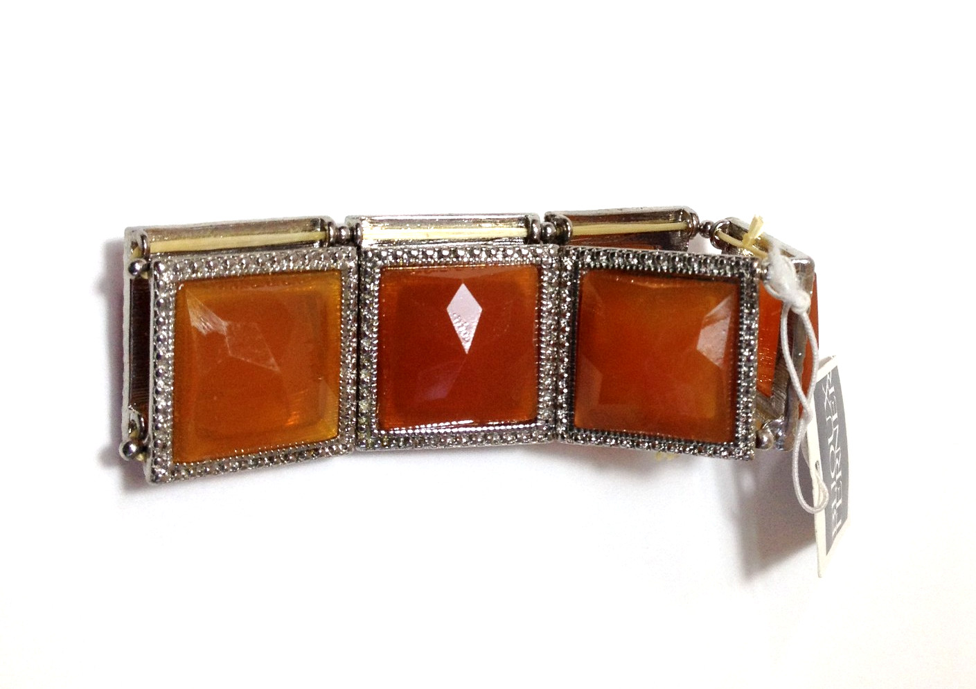 Bracelet With Amber Colored Squares Silver Tone Bijoux Turner Stretch New w/Tag