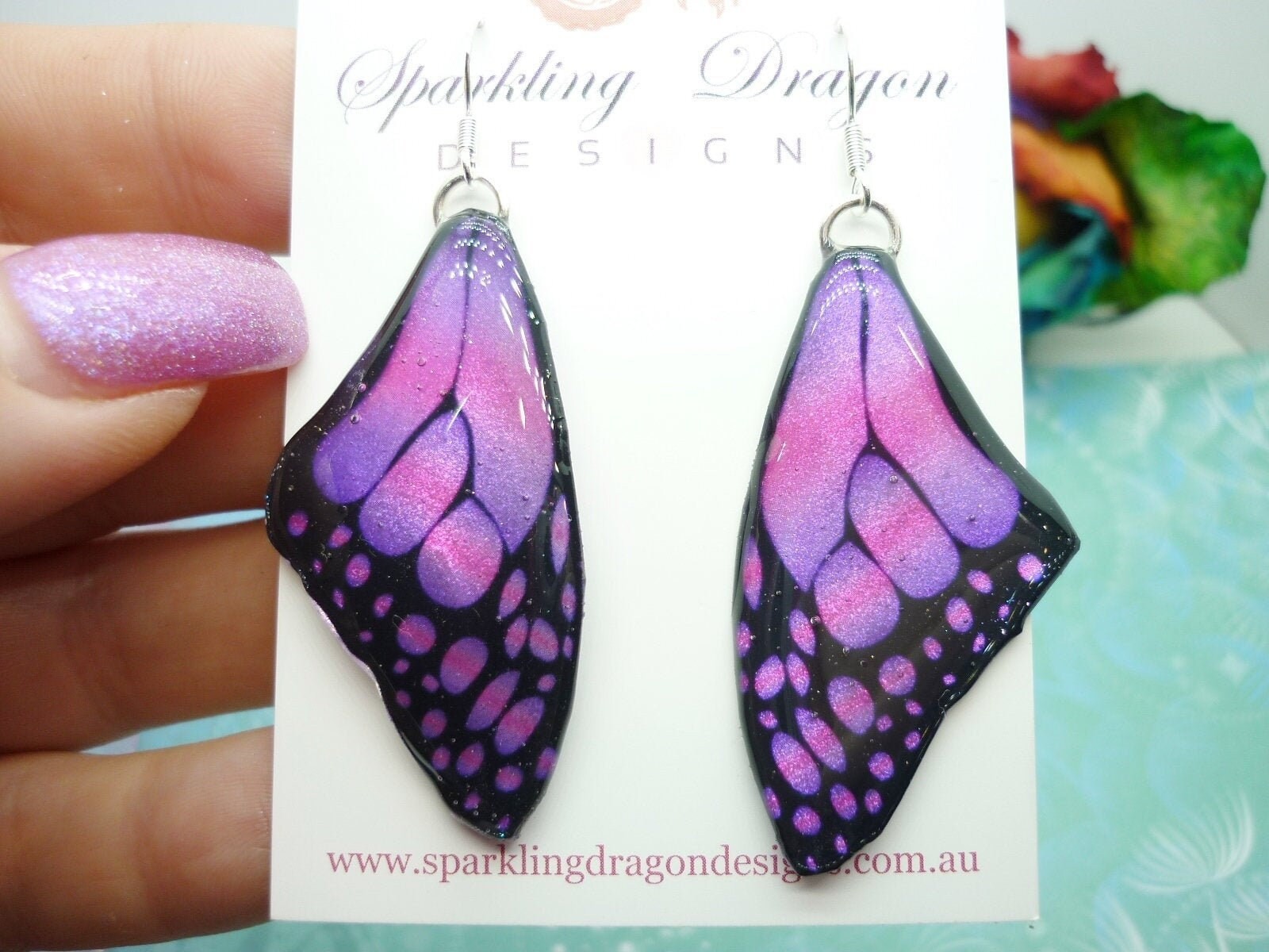 Butterfly Wing Medium Size Earrings Soft Blue Stained Glass- Fairy Jewellery,