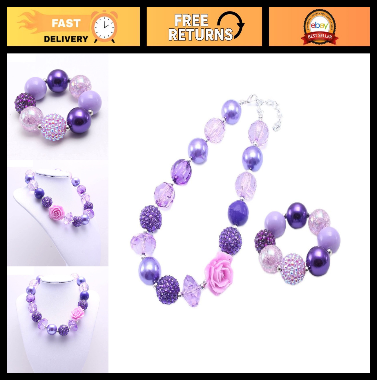 Chunky Bubblegum Candy Bead Necklace & Bracelet Set – Flower Bow Charm Jewelry