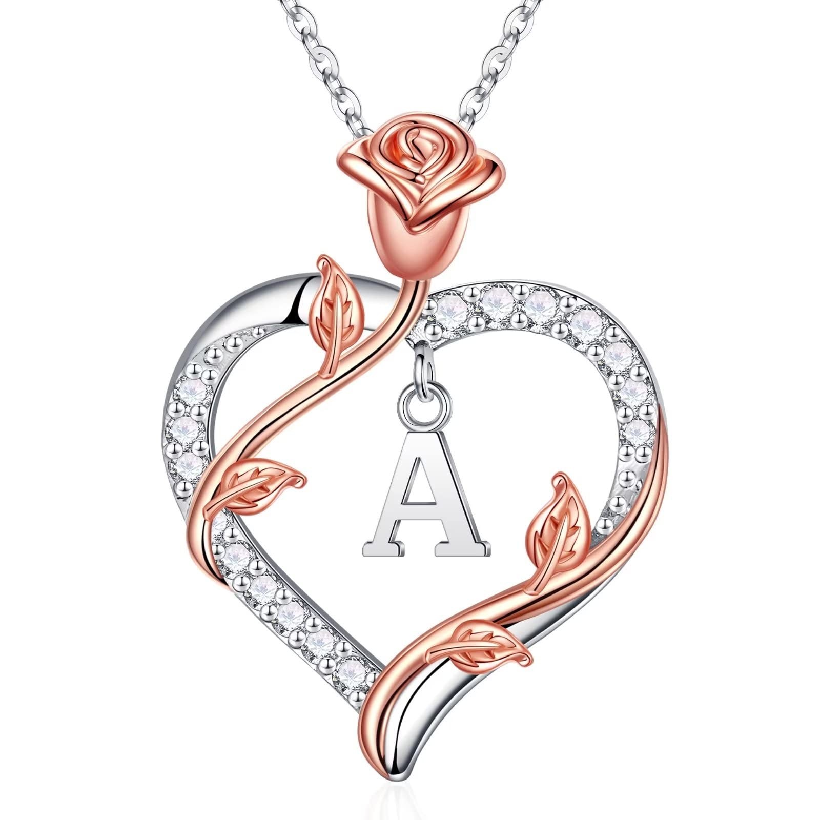 Sterling Silver Necklace for Women, Dainty Rose Love Heart Initial A Letter P…