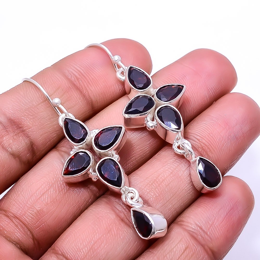 Red Garnet Multi Collet 925 Sterling Silver Earring 2.15″ E12, Christmas Gift