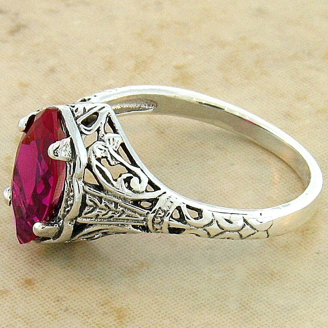 ART DECO STYLE 925 STERLING SILVER LAB-CREATED 1.20 CT. RUBY FILIGREE RING 625X