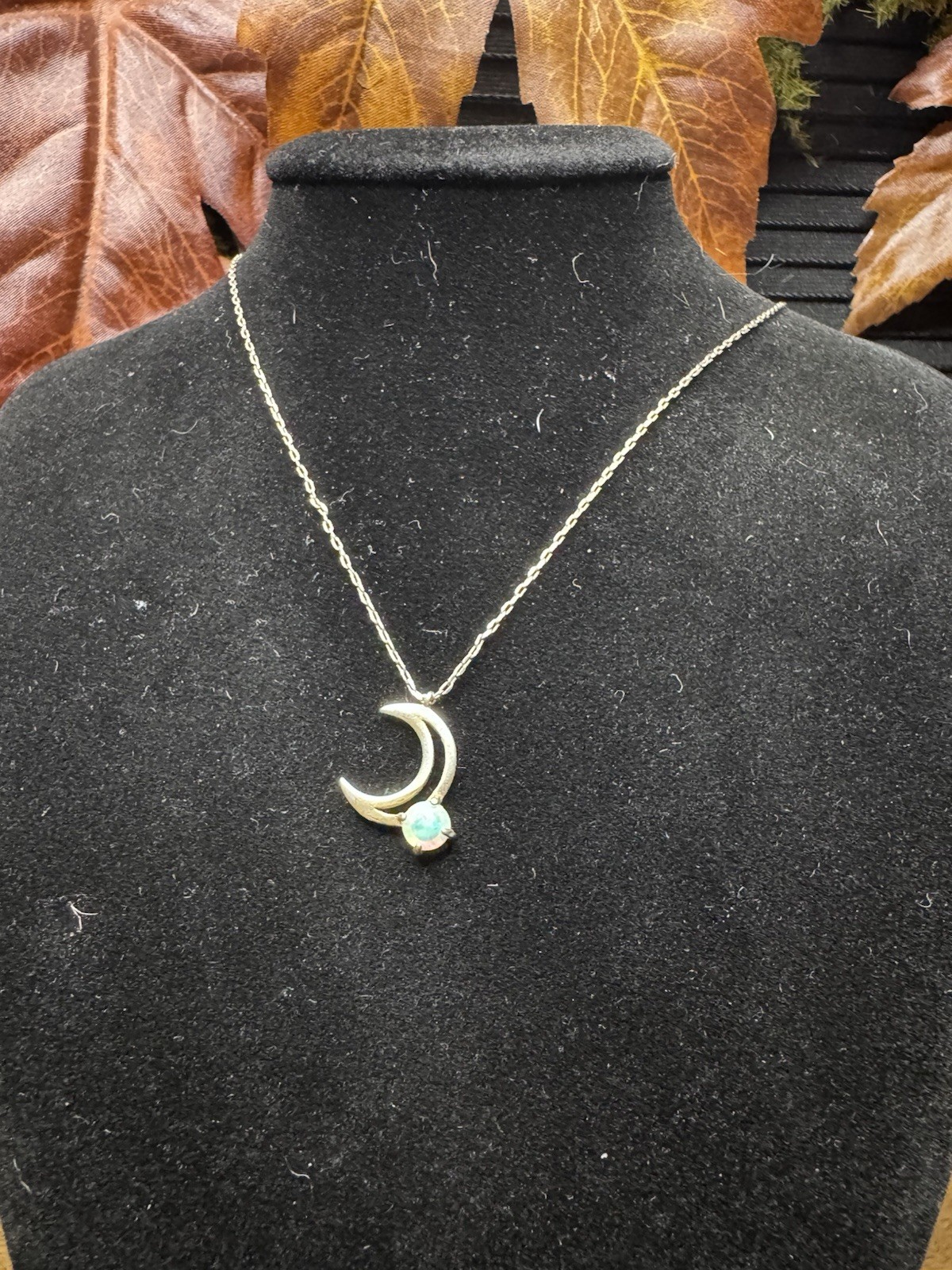 Sterling Silver 925 Crescent Moon Opal CZ Pendant Necklace Cable Chain Signed
