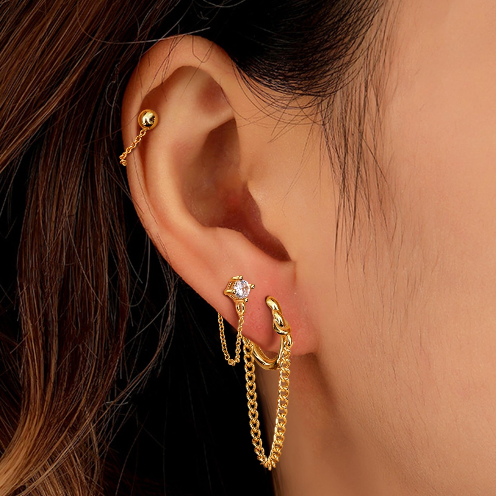 Chain Earrings 14K Gold Hypoallergenic CZ Ball Bar Huggie – 4 Pairs Cute Dangle