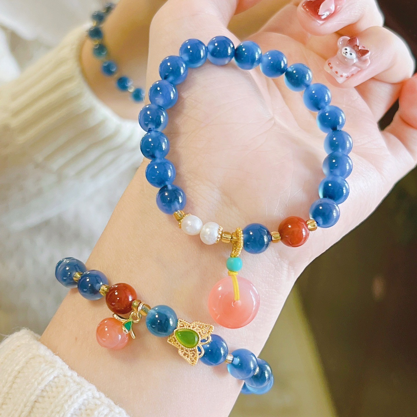 8mm Natural Blue Agate Safety Buckle Handmade Bracelet