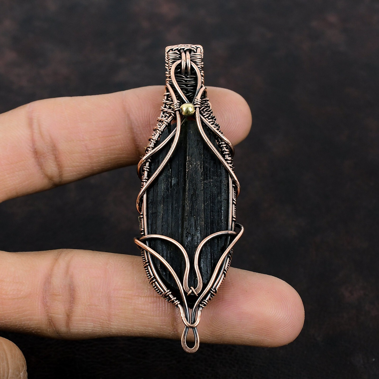 Black Tourmaline Rough Wire Wrapped Pendant Handcrafted Copper Designer 3.03″