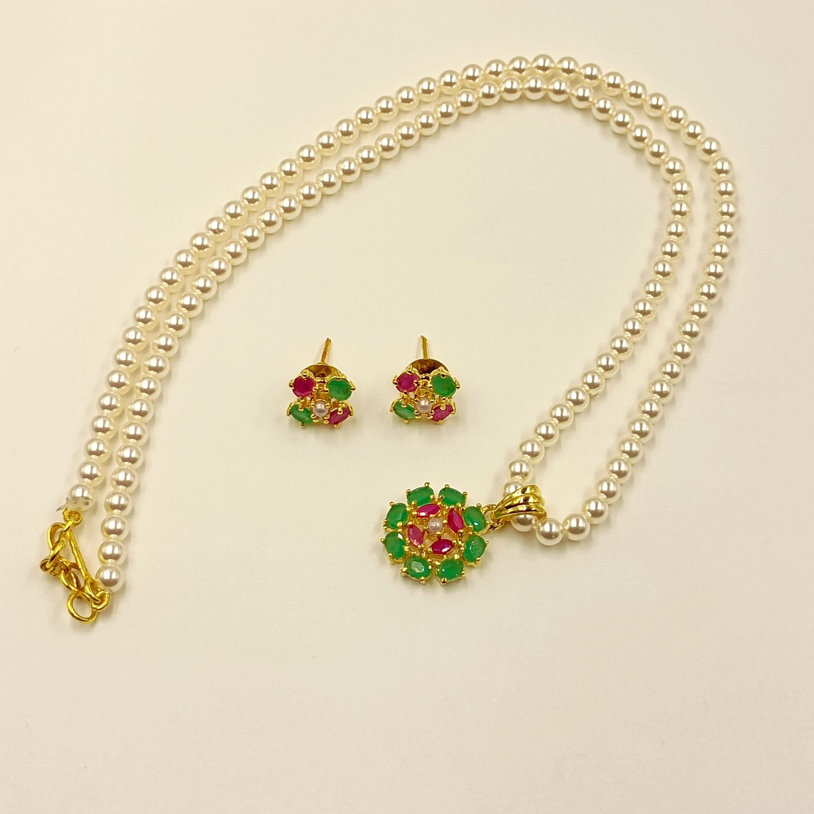 Ruby Emerald Pearl Pendant Set, 22k Gold Plated Traditional Indian Wedding Jewel
