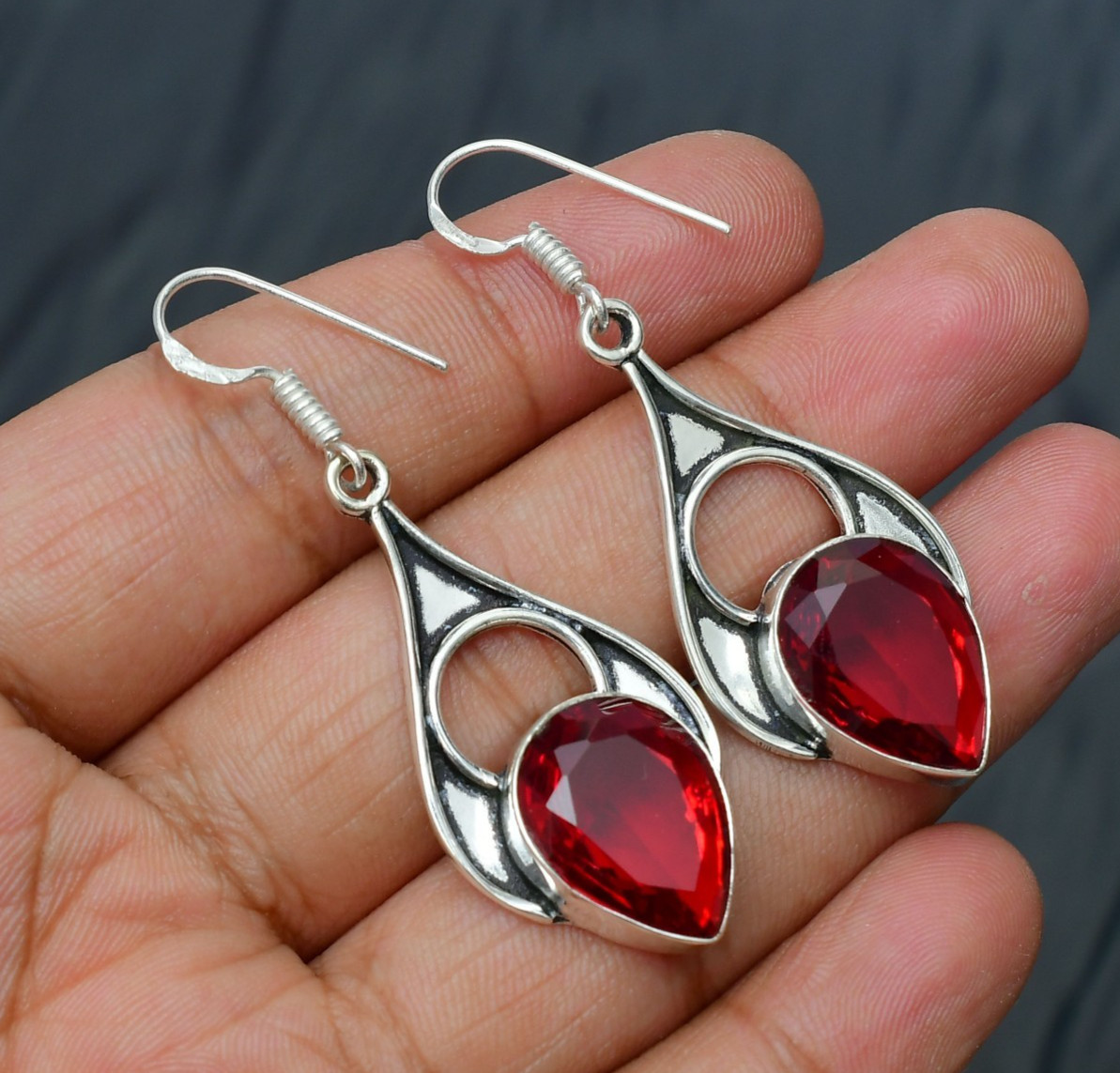 Garnet (Lab-Created)Gemstone 925 sterling silver Handmade Earring 1.96″