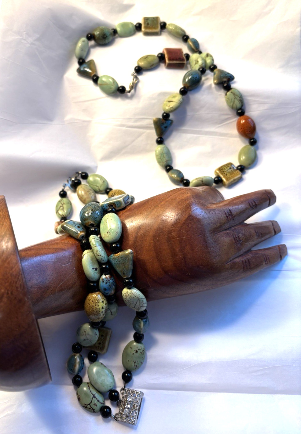 CERAMIC BEAD ARTISAN BRACELET 9″ NECKLACE 19″, Greens & Earthtones, mixed shapes