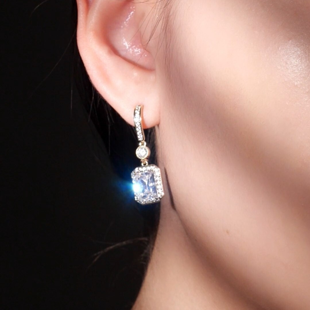 Gold simulated diamond stud elongated octagon drop dangle 925 silver earrings
