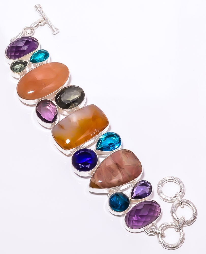 Natural Multi Gemstone 925 Sterling Silver Jewelry Bracelet 7.99″ T68