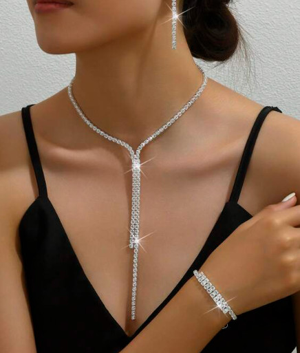 Bridal Prom Crystal Necklace Set Bracelet Earrings Silver Elegant Jewelry Set