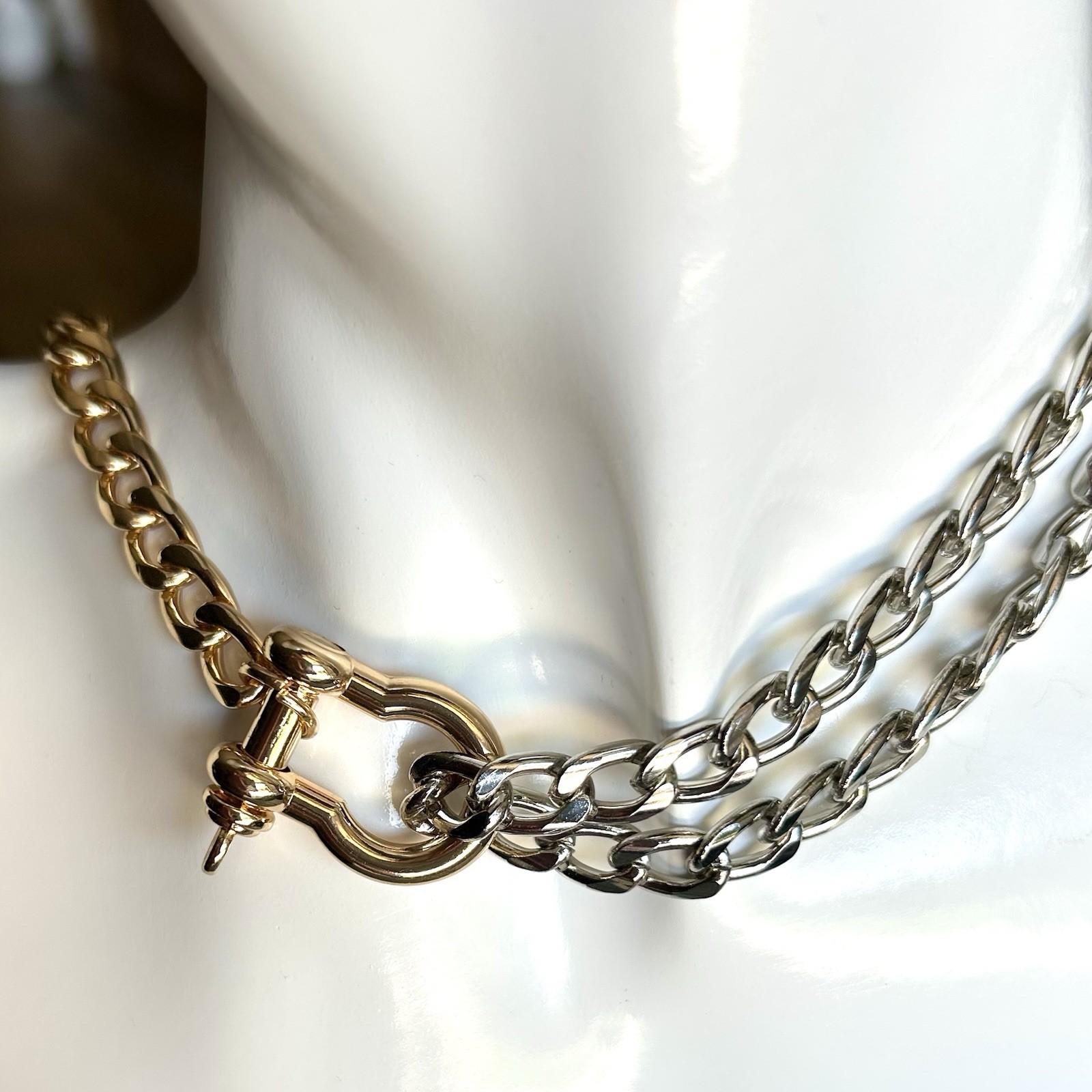 Edgy Mixed Metal Silver & Gold Dual Chain w/ Industrial Style Shackle Clasp