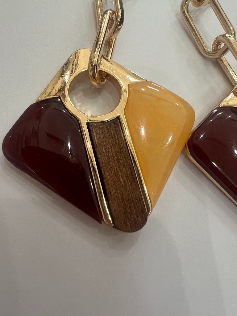 Geometric Earrings Gold Amber Wine Blush Wood 3” Mod Uncas Int Vendor Sample