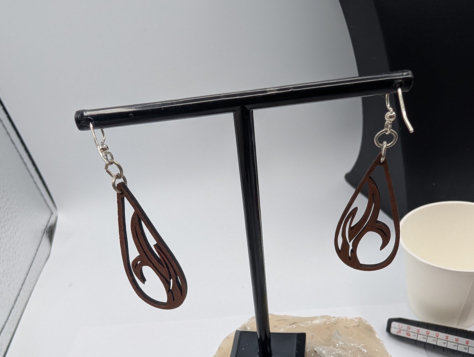 Wood Teardrop Dangle Earrings Laser Cut Swirl Design Brown & Rosin Ring Set