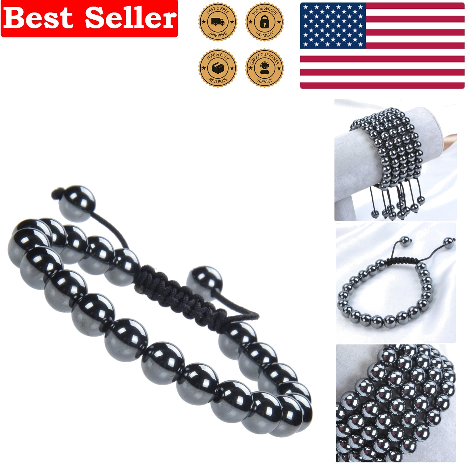 Hypoallergenic Hematite Macrame Bracelet – Adjustable & Handcrafted for Healing