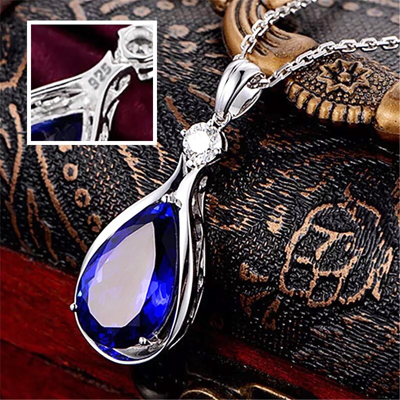 925 Sterling Silver Tanzanite Gemstone And CZ Sapphre Pendant Necklace D355